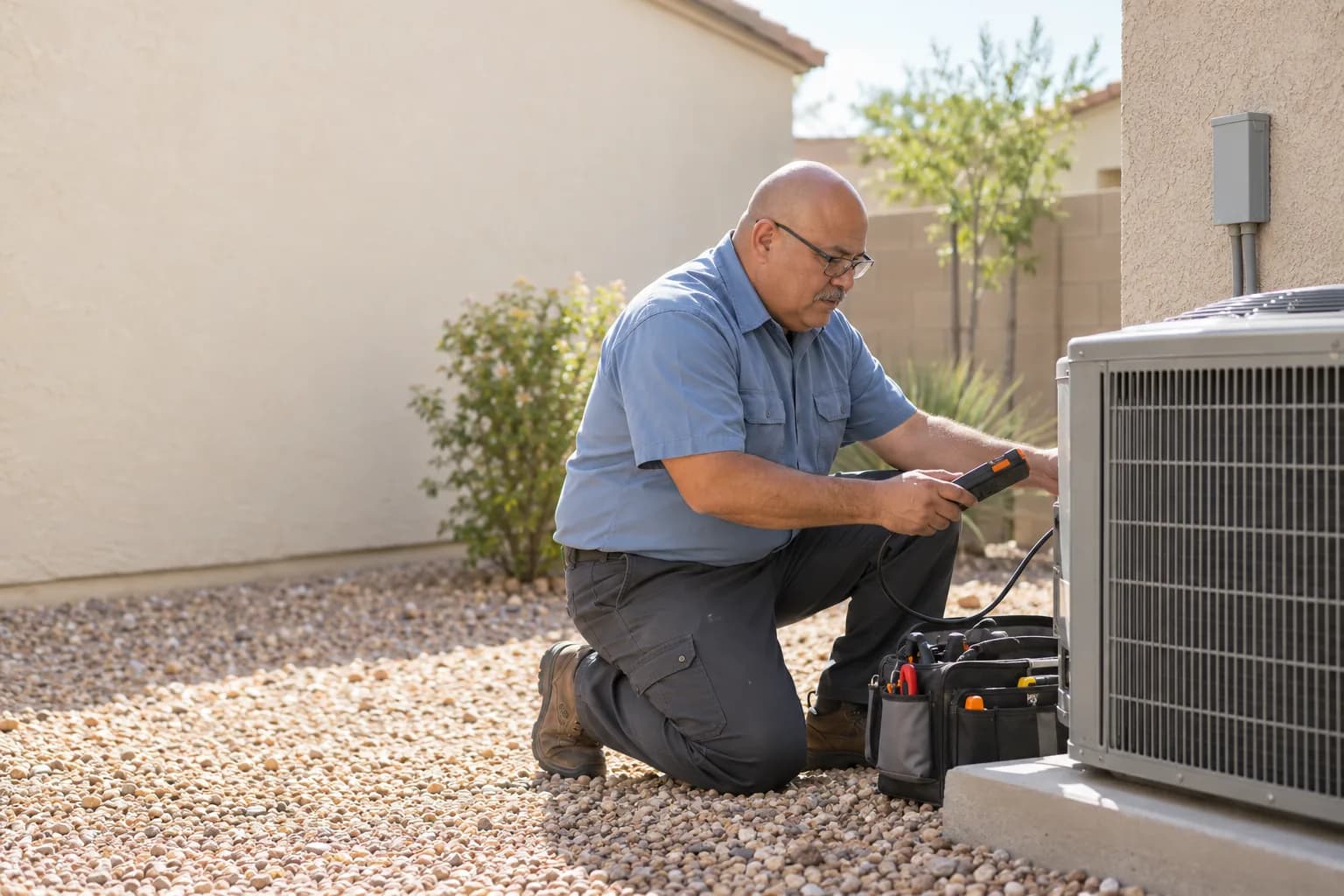 An HVAC technician servicing a rooftop unit