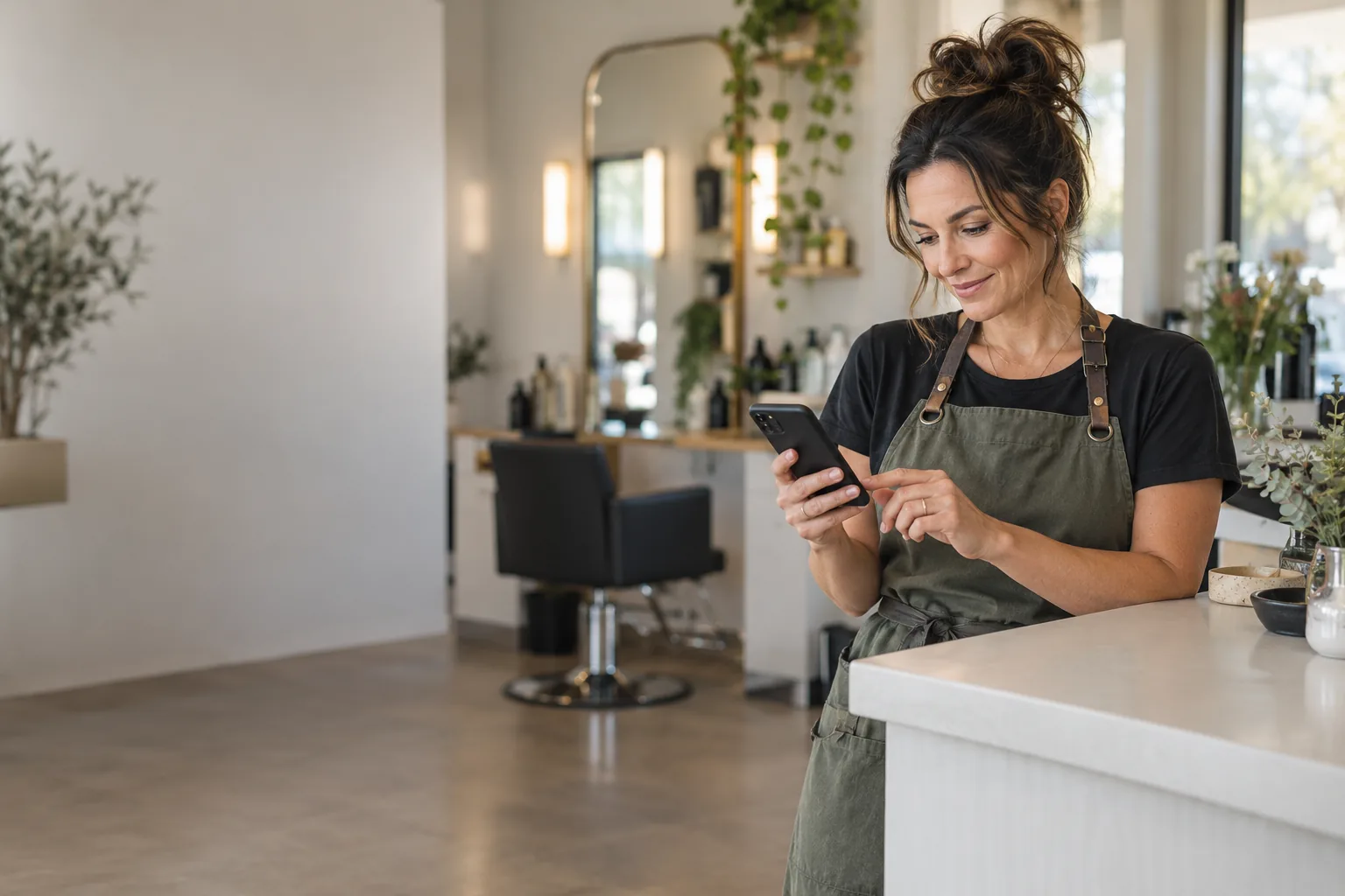 A salon owner checking bookings