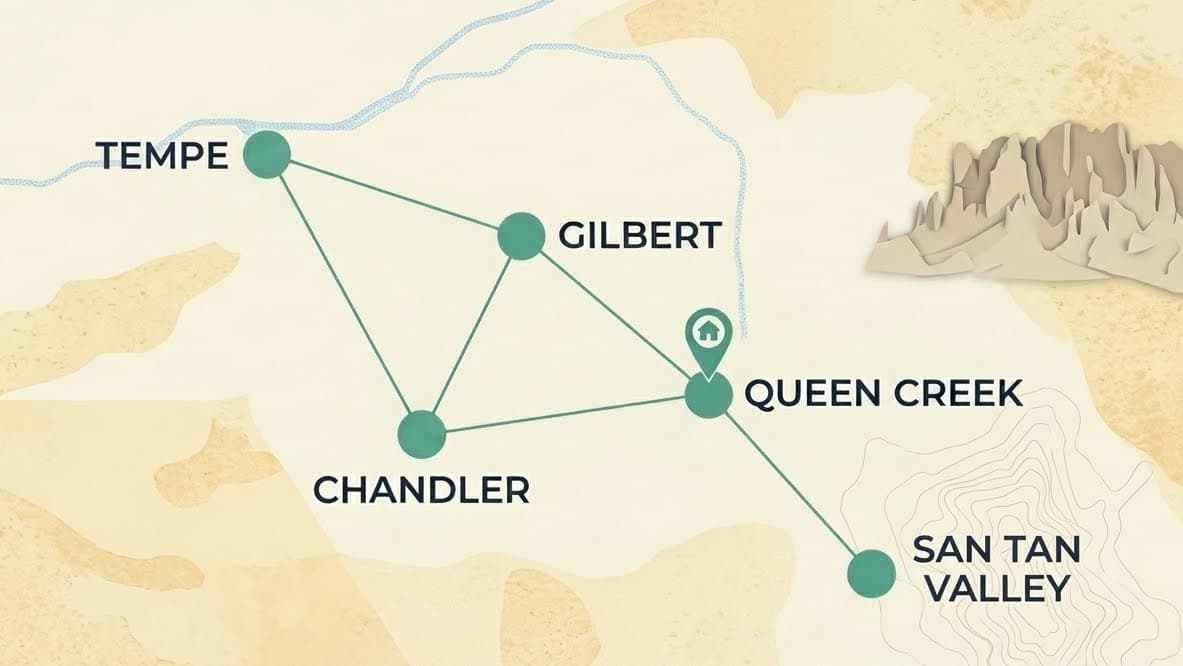 Service area map — Queen Creek, Gilbert, Chandler, Tempe, San Tan Valley